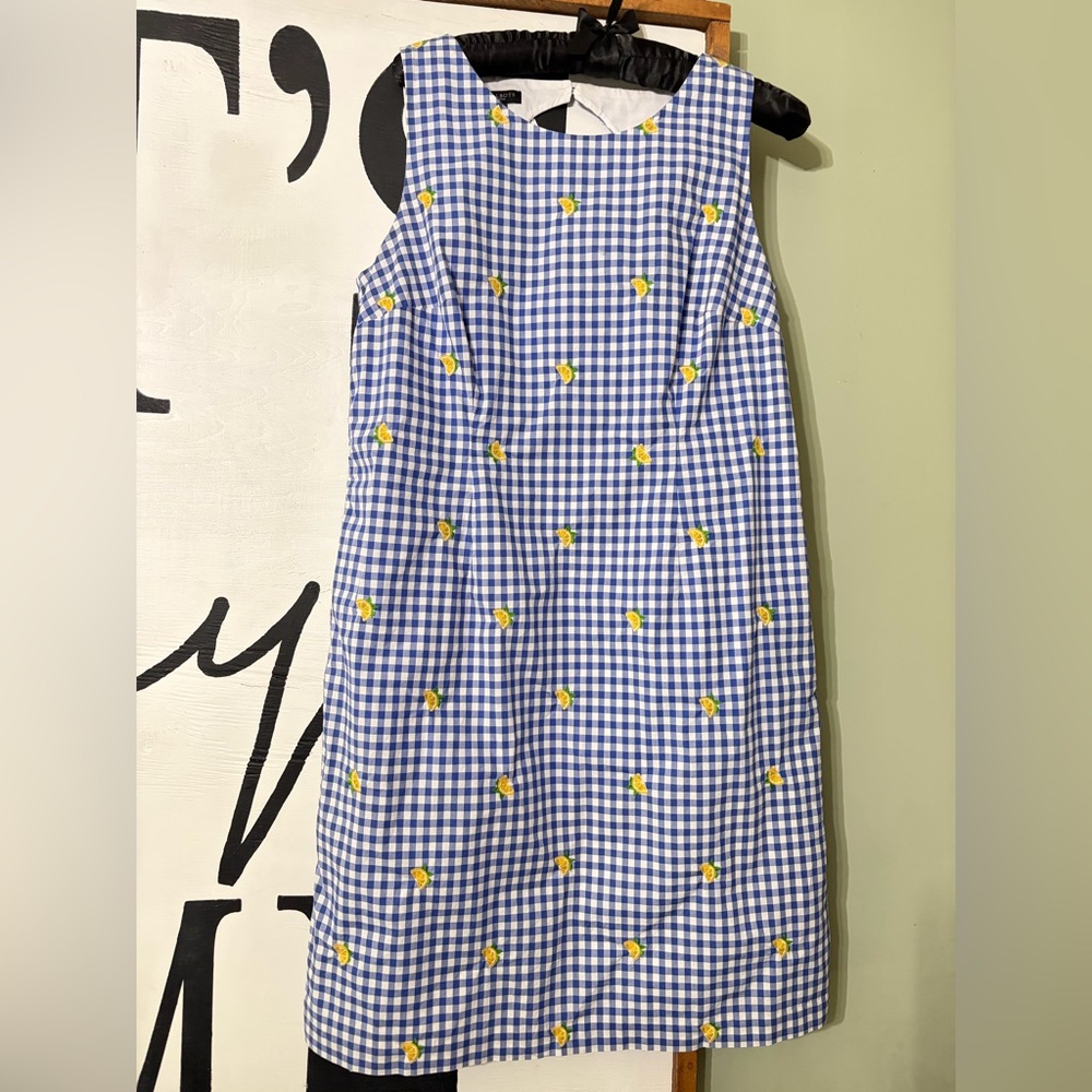 Talbots Blue Gingham Asymmetrical Shift Dress with Yellow Embroidery